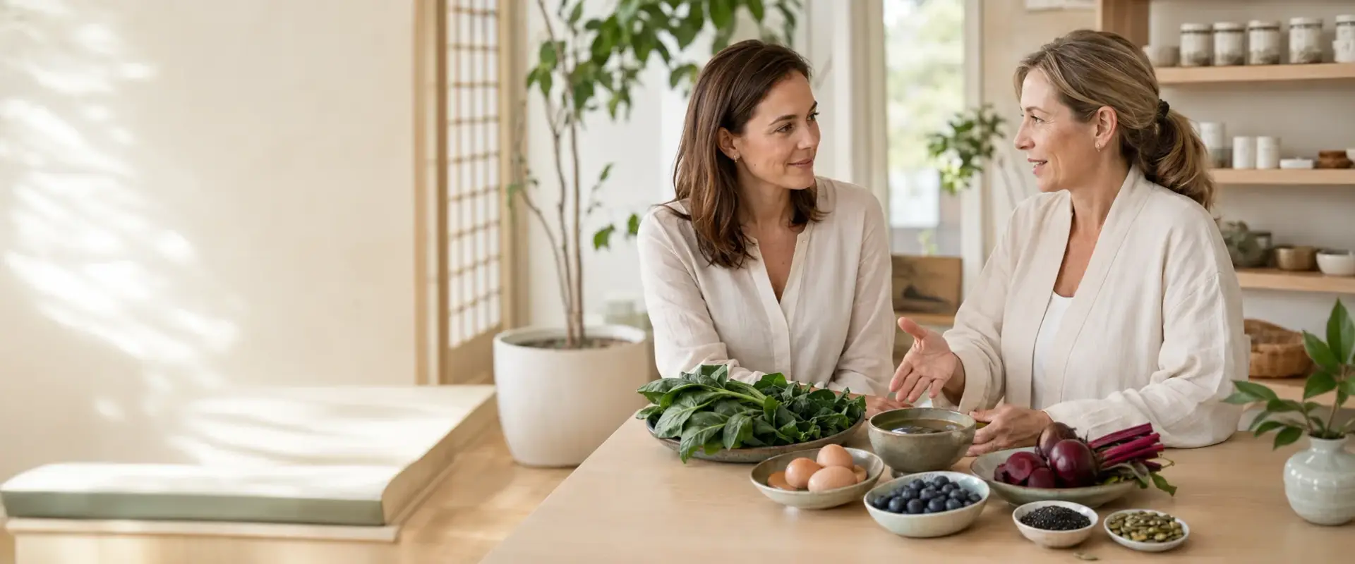 Two women sit at a kitchen table talking, surrounded by fresh vegetables, eggs, blueberries, and bowls, in a bright, modern kitchen with plants and shelves in the background.