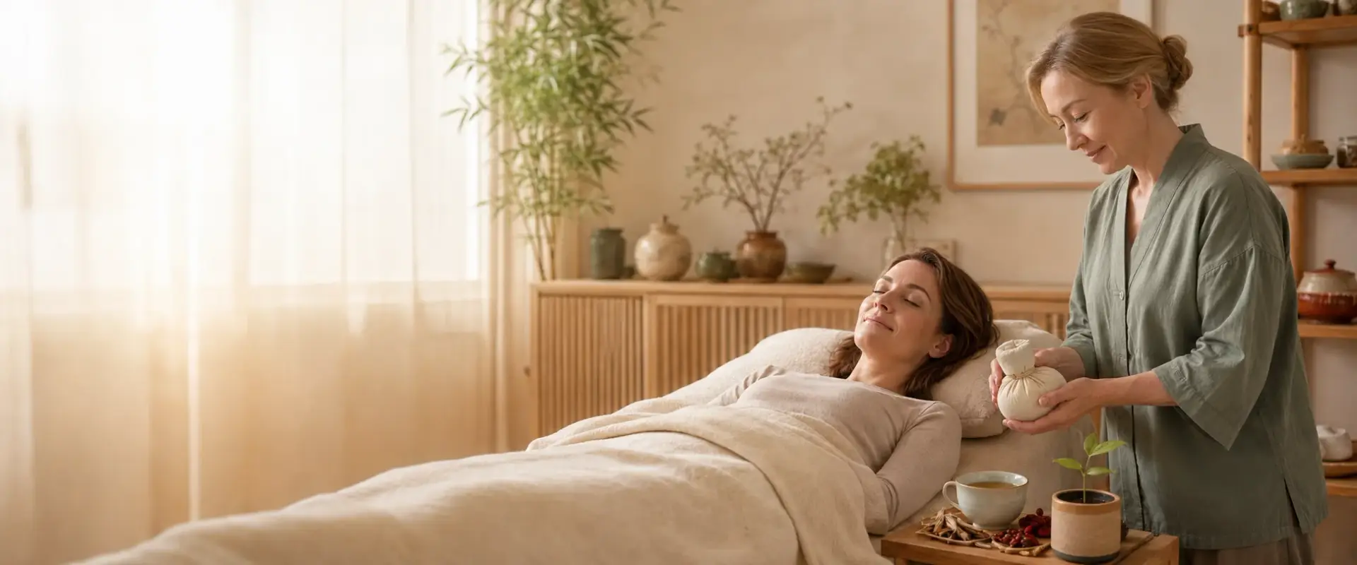 A woman relaxes on a massage table with a blanket while another woman, dressed in a robe, prepares a herbal compress. The room has soft lighting, plants, and wooden decor, creating a peaceful spa atmosphere.