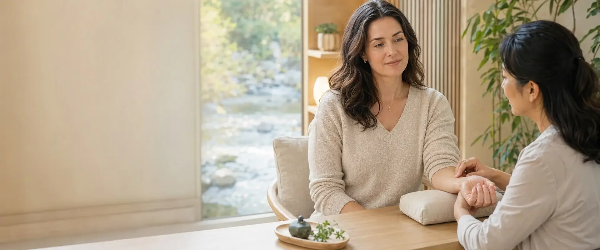 A woman sits at a table with another woman who gently holds her wrist, possibly checking her pulse, in a calm room with natural light and greenery outside the window.