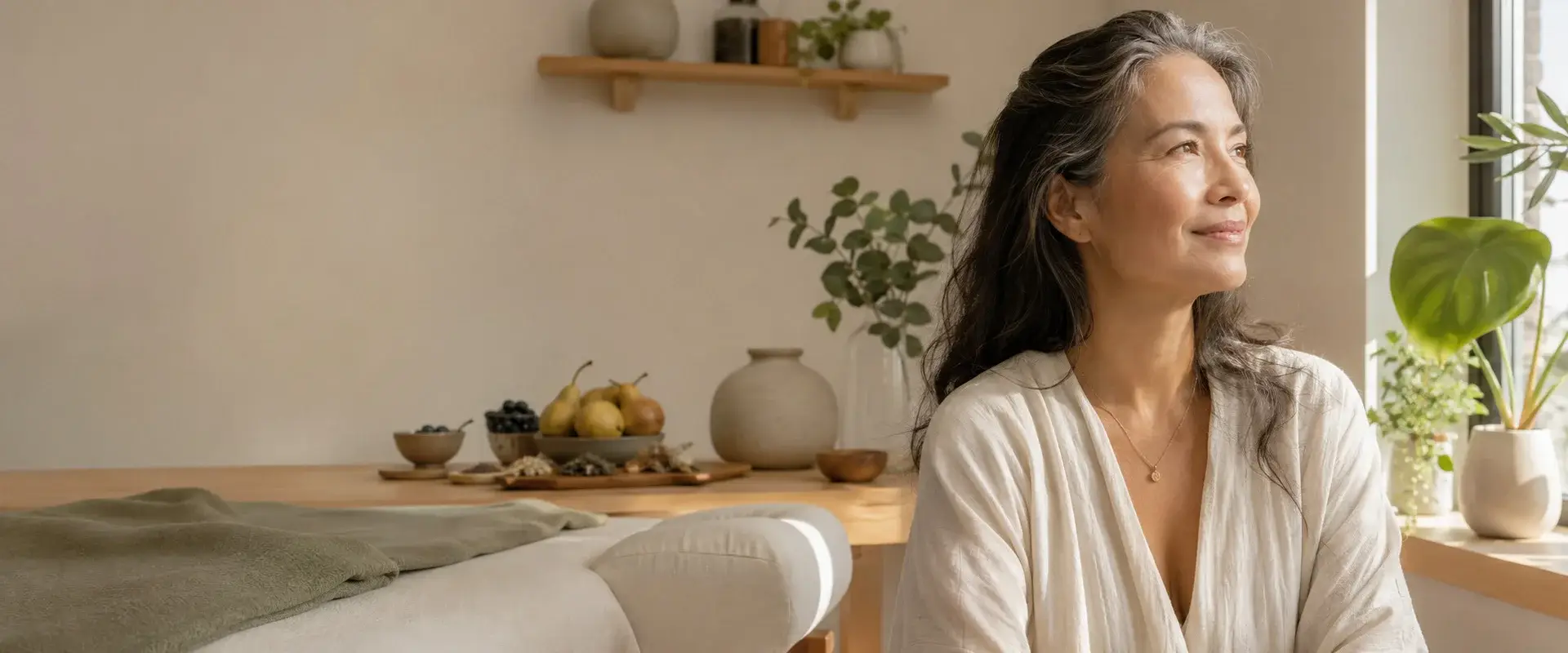 A woman with long, graying hair smiles while sitting by a window in a cozy, sunlit room with plants, fruit, and ceramics on a wooden table and shelves in the background.